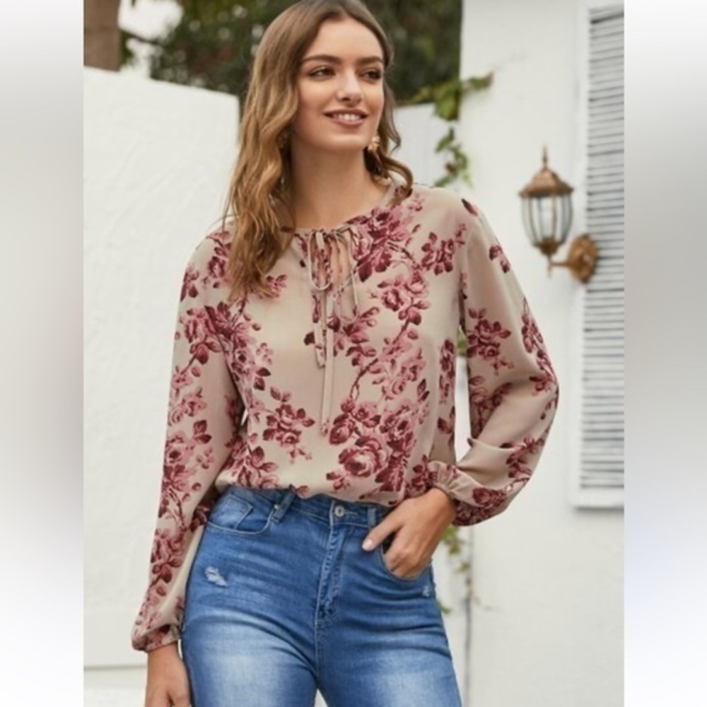 Floral Print Semi Sheer Beige Long Sleeve Floral Print Bohemian Top
